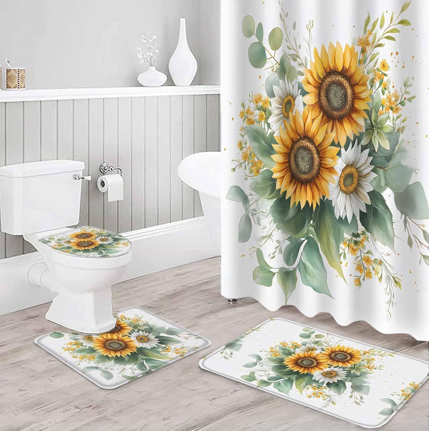 ZOE GARDEN Sunflower Bathroom Set with Curtain Rug and Hooks - 66x72 Inches