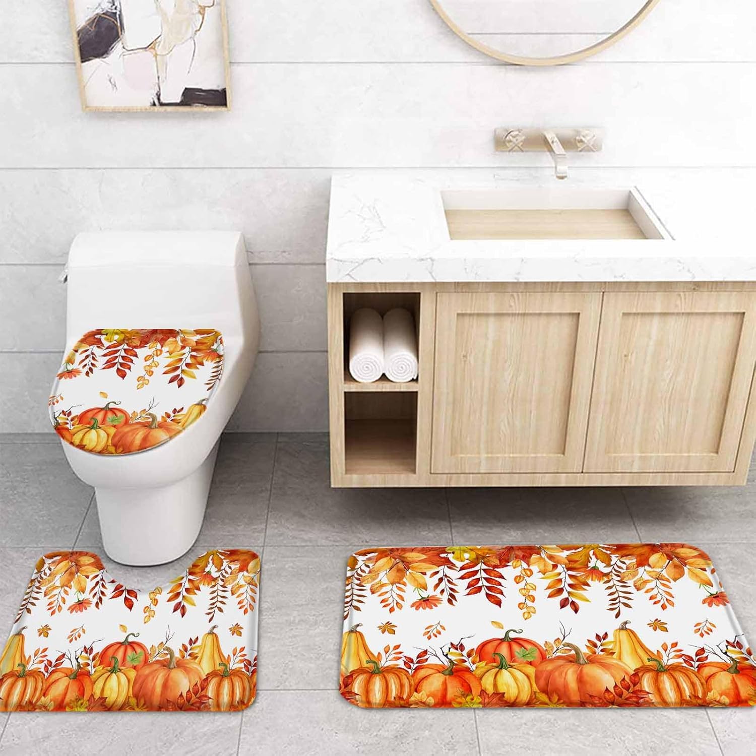 ZOE GARDEN Autumn Pumpkin Bath Set with Curtain Rug and Hooks