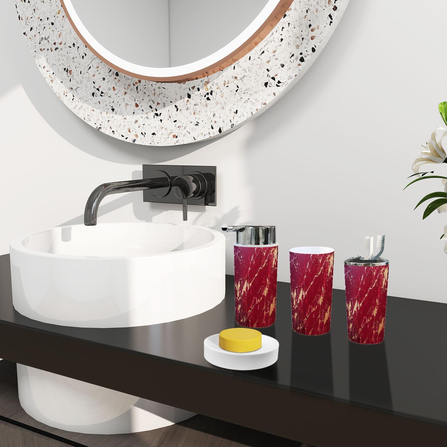 Boho Modern 6-Piece Bathroom Accessory Set in Red and Golden Maroon
