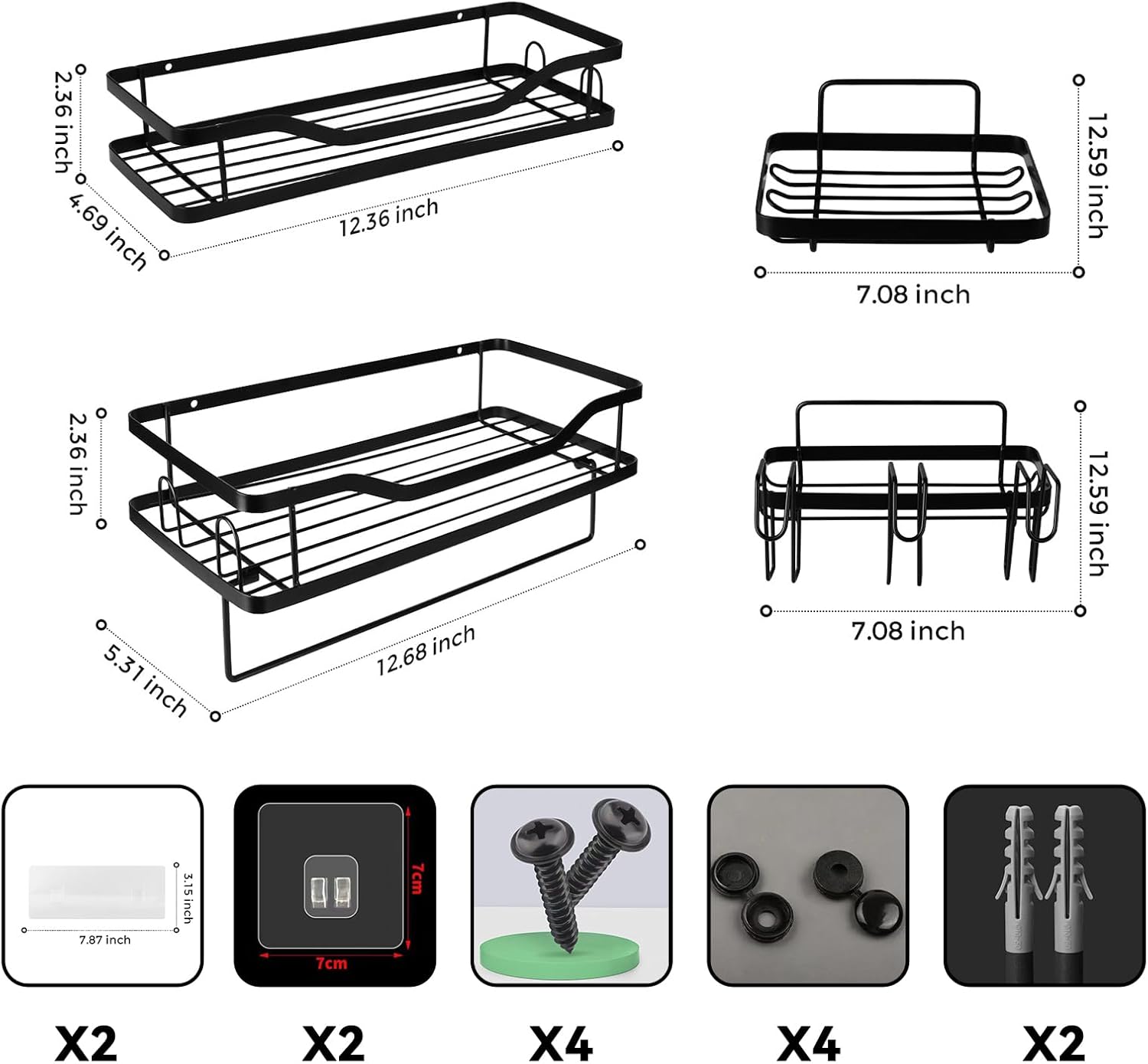 Shower Caddy Organizer Rack 4 Pack Adhesive Black