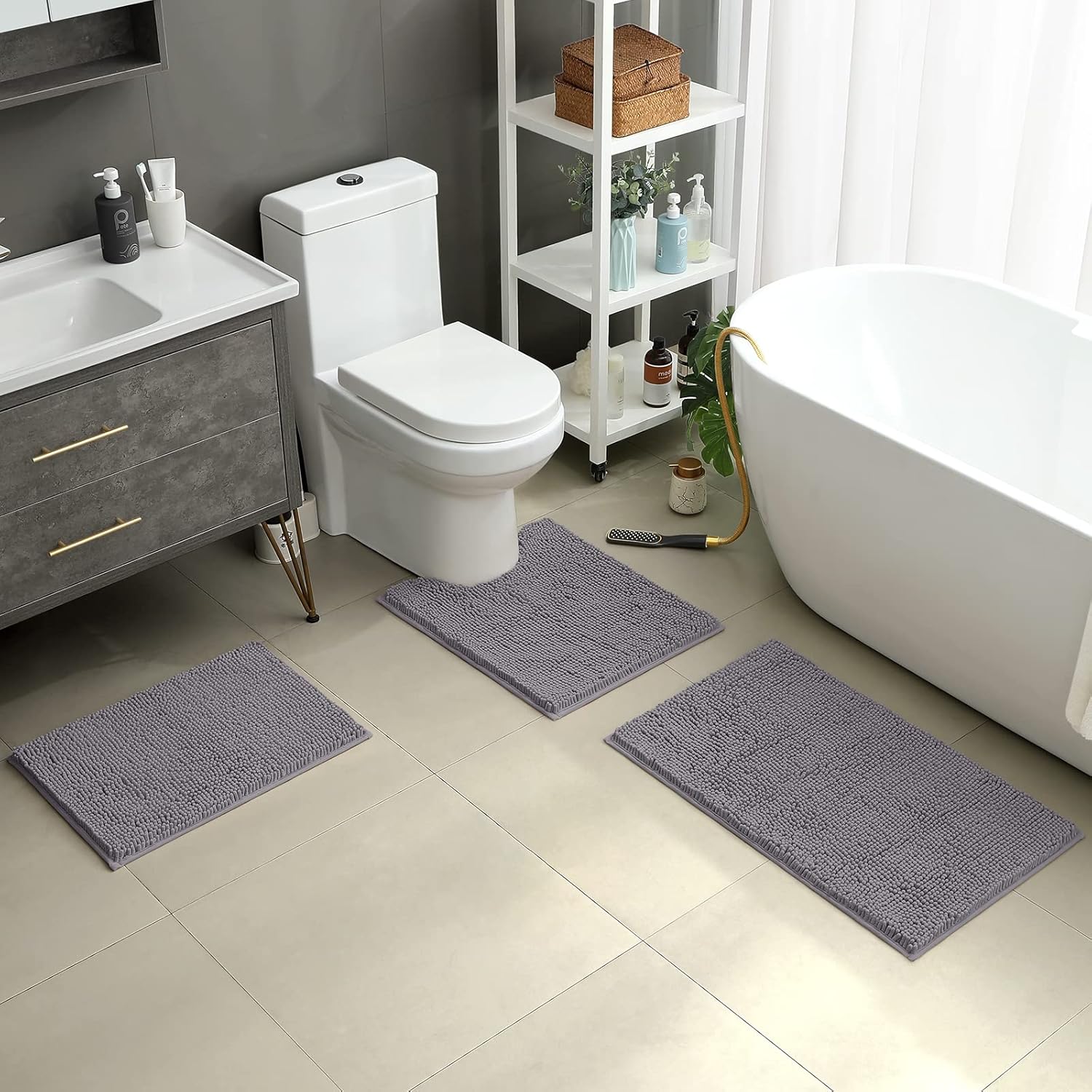 HOMEIDEAS 3 Piece Bath Rug Set - Ultra Soft Non Slip Chenille Rugs