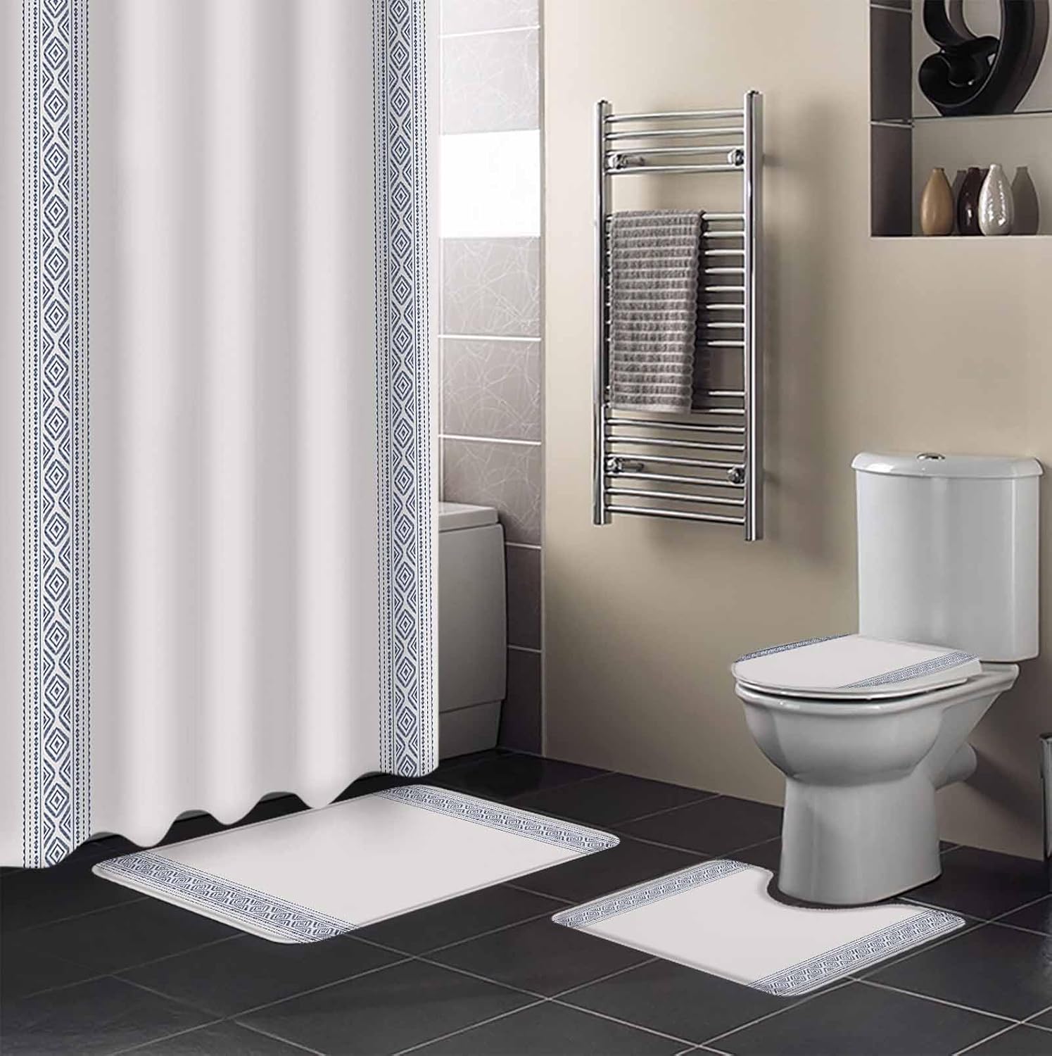 ZOE GARDEN Blue Striped Bathroom Set with Rug and Accessories