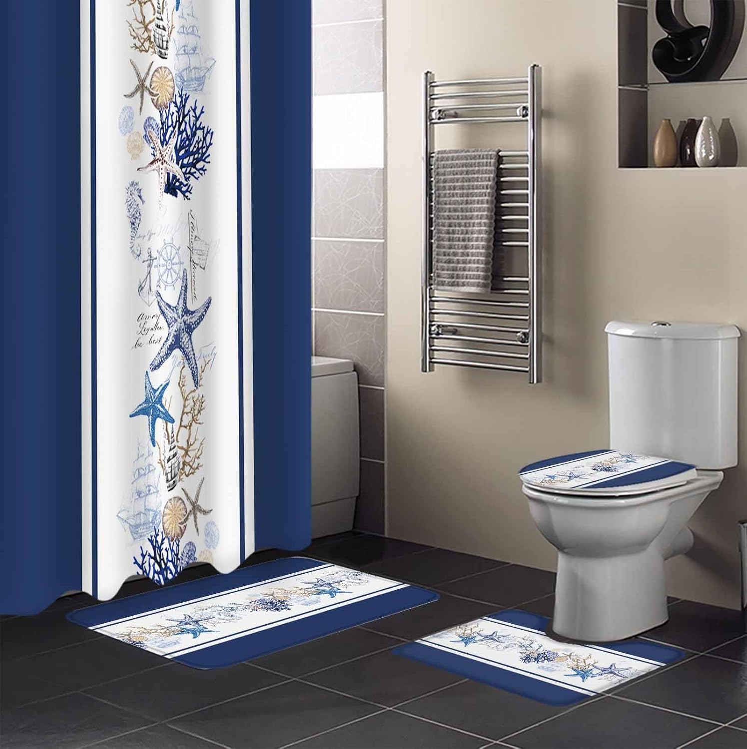 ZOE GARDEN Coastal Navy Bathroom Set with Rug and Accessories
