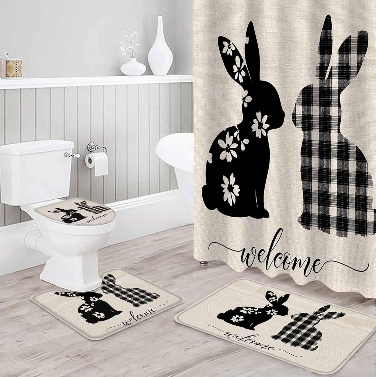 ZOE GARDEN Flowers Rabbit Bathroom Set with Shower Curtain and Rug