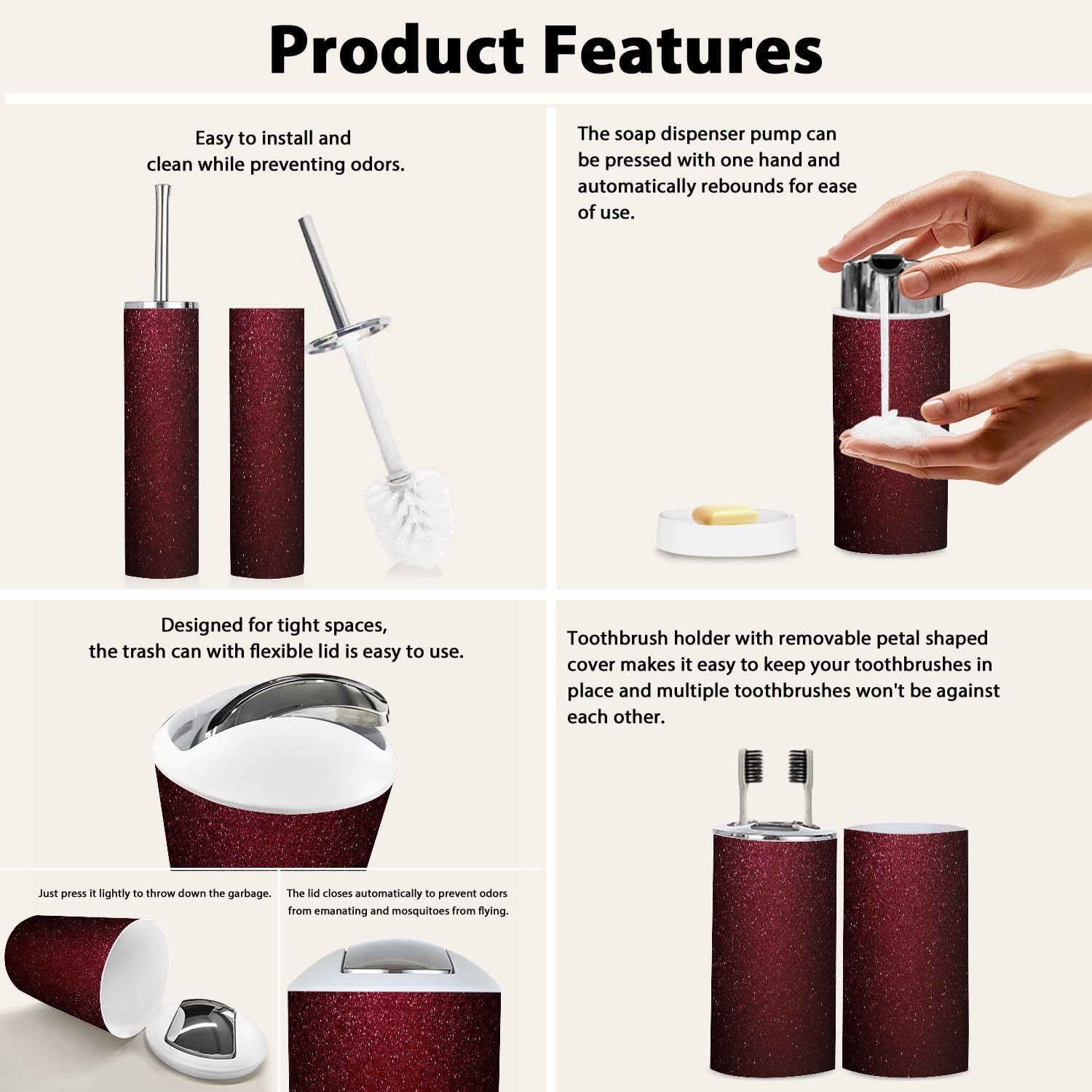 Boho Shiny Trash Can and Bathroom Accessories Set