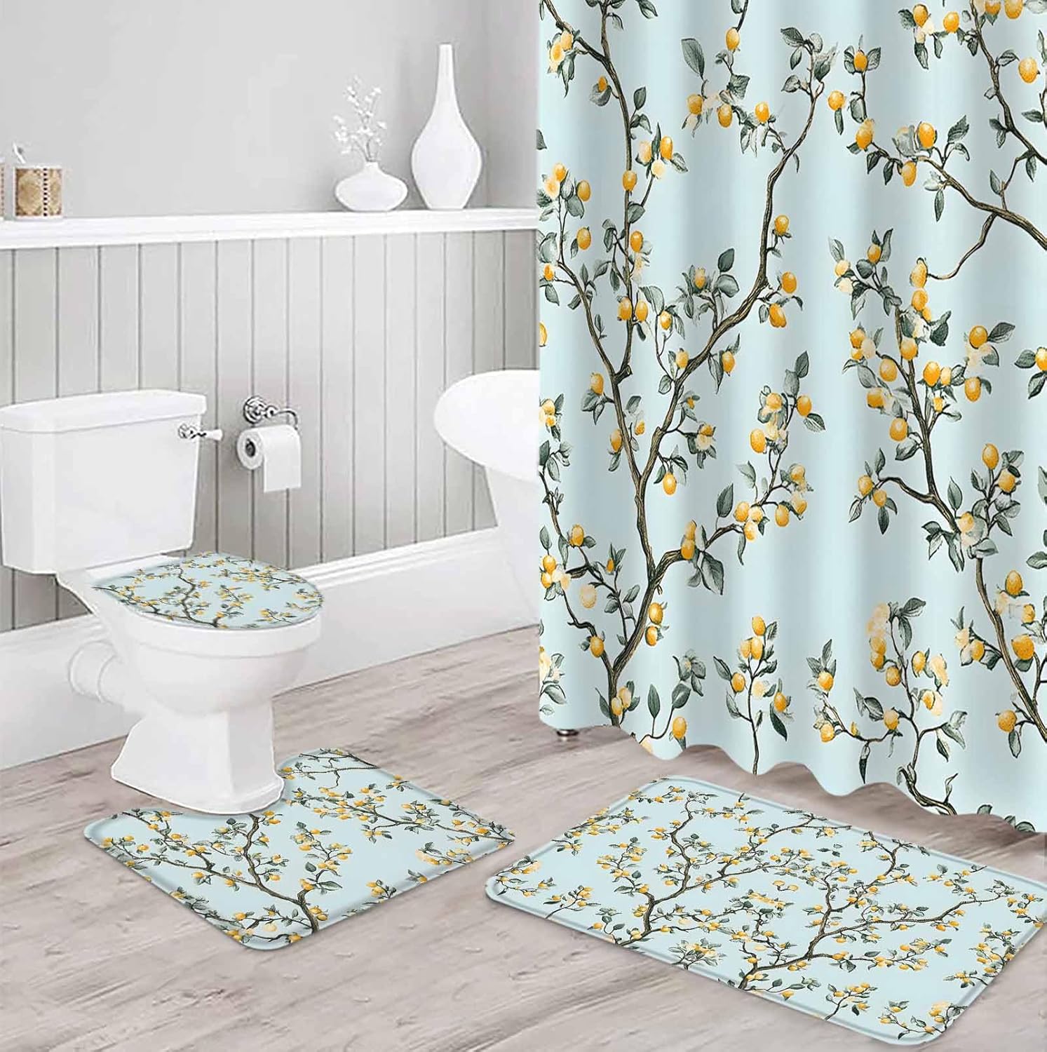 ZOE GARDEN Yellow Lemon Bathroom Set with Curtain Mat and Accessories