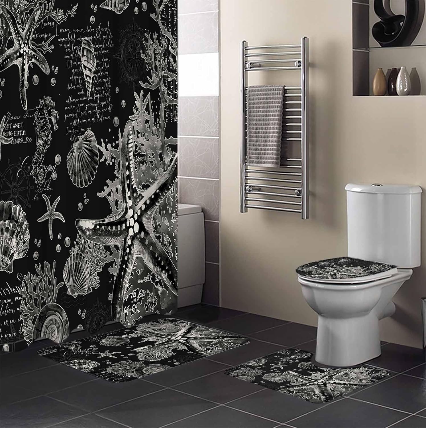Coastal Black Bathroom Set with Shower Curtain and Rug - 36x72 Inches Nautical Design