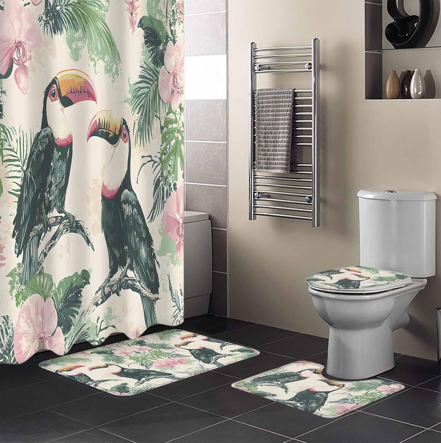 ZOE GARDEN Summer Parrot Bath Set with Curtain and Rug
