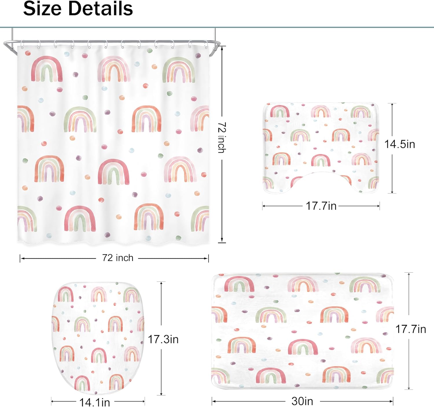 Ufeela 4PCS Rainbow Kids Girls Shower Curtain Set