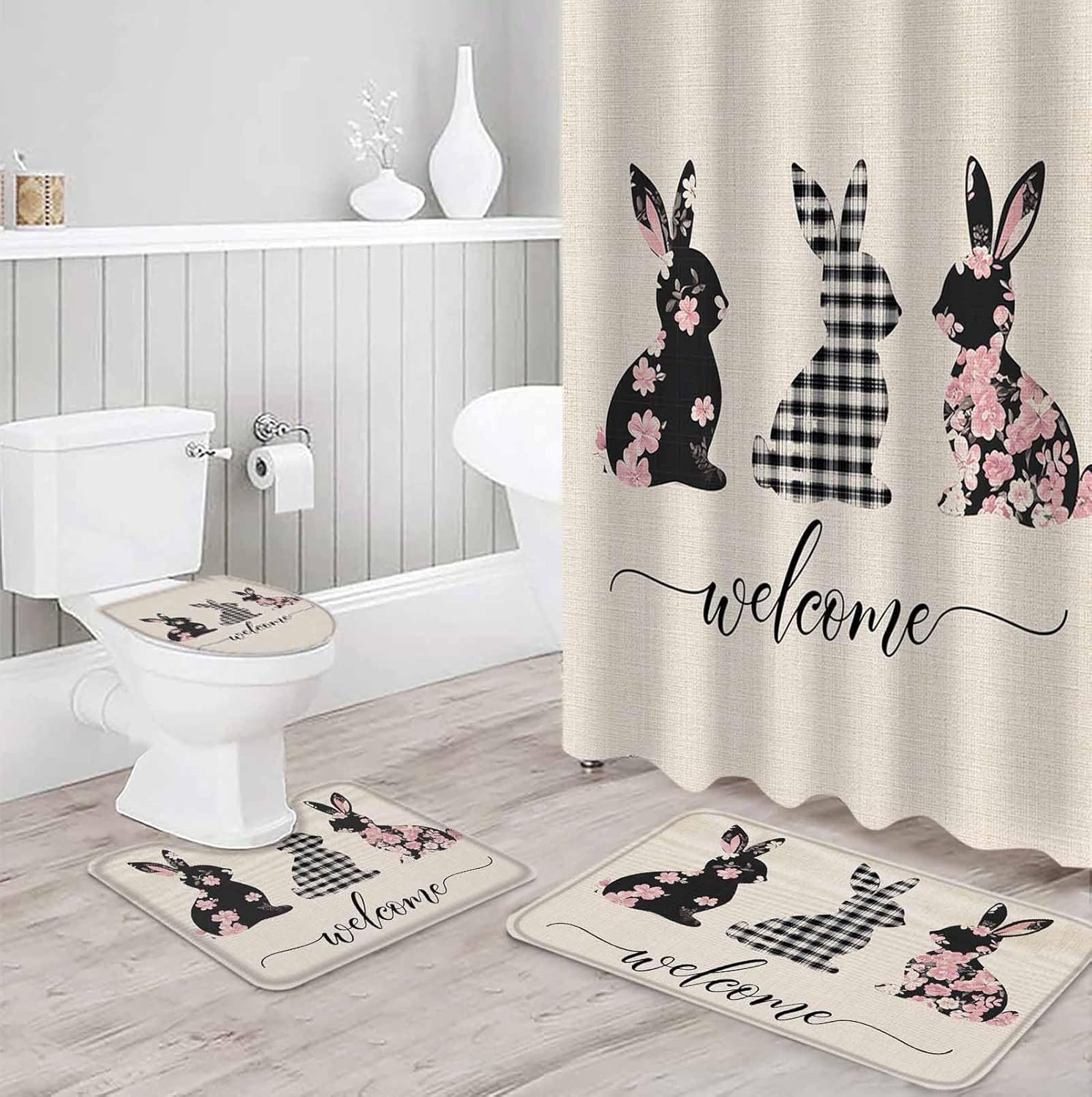 ZOE GARDEN Easter Bunny Bathroom Set - Waterproof Curtain Rug Accessories