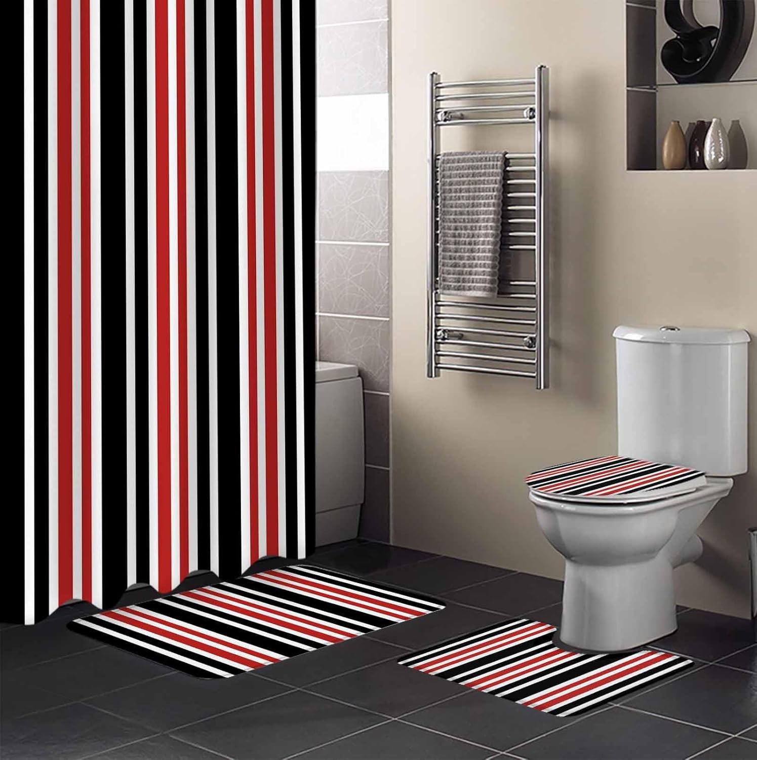 ZOE GARDEN Red Black Striped Bath Set with Curtain Rug Hooks