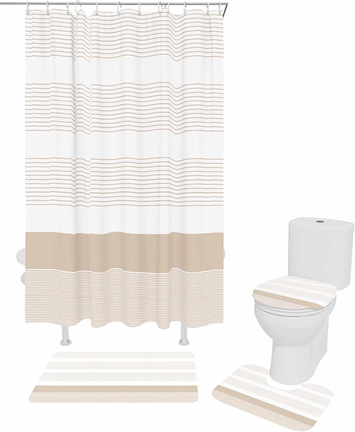 ZOE GARDEN Brown Stripe Bathroom Set with Curtain Rug and Accessories