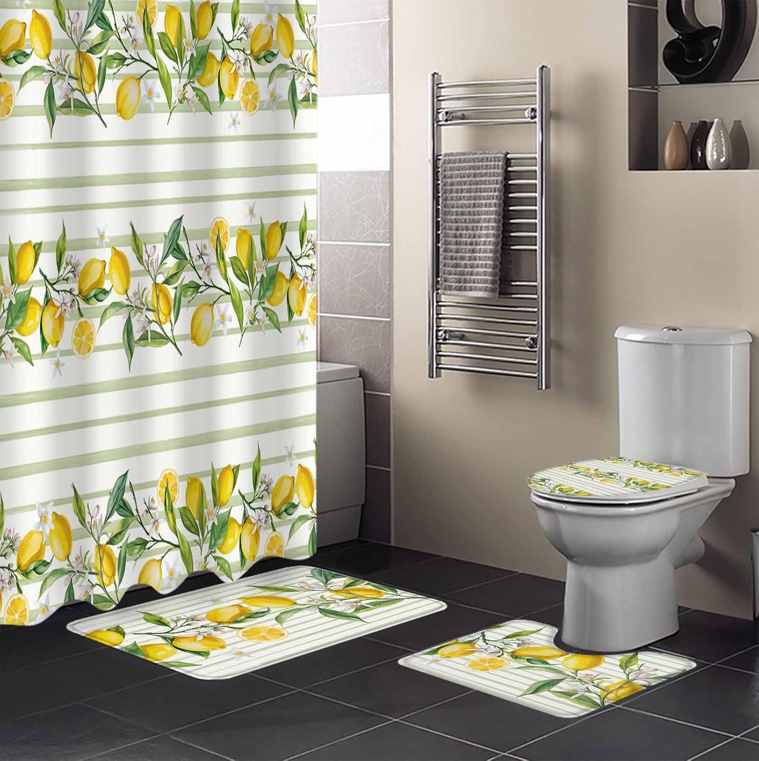 ZOE GARDEN Lemon Stripe Bathroom Set with Curtain Rug and Accessories 1