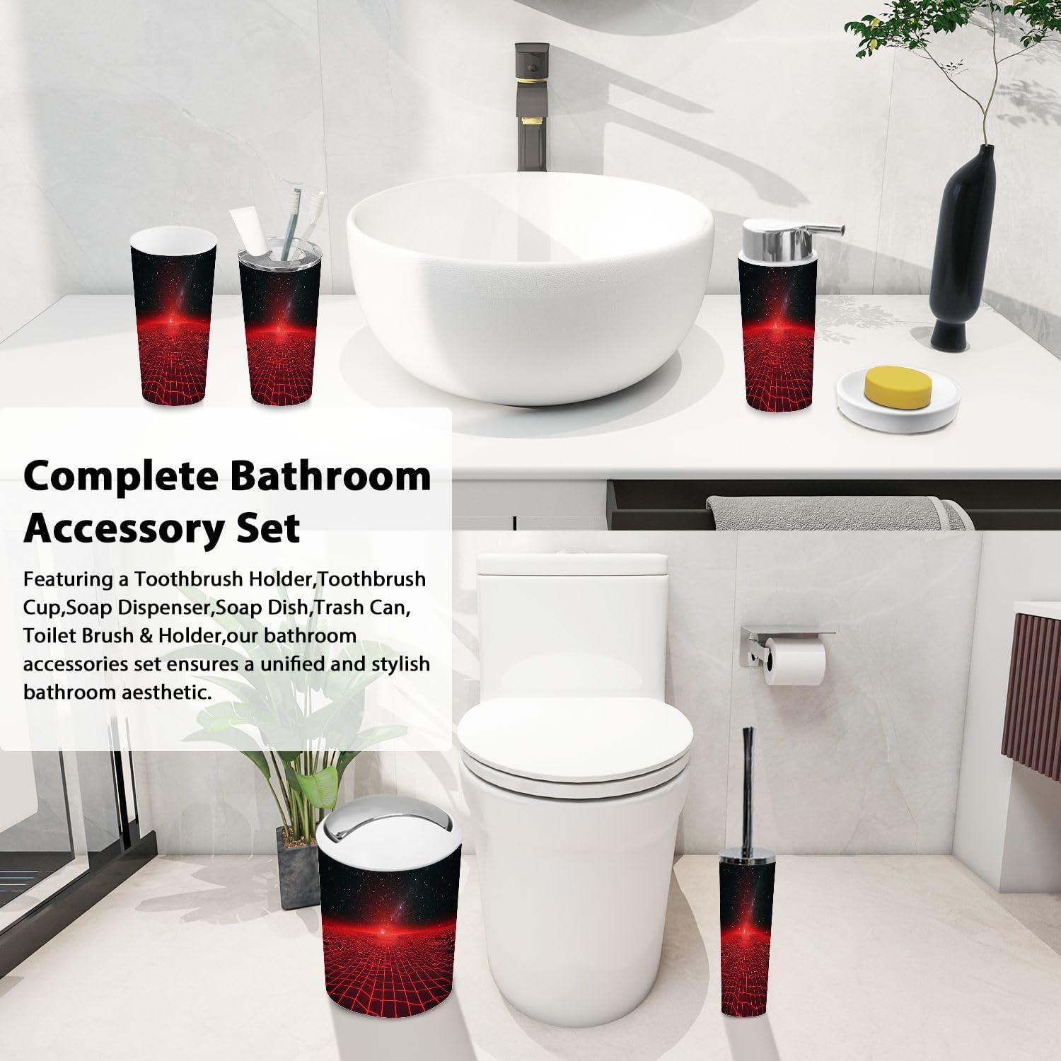 Boho Red Bathroom Accessory Set 6 Piece