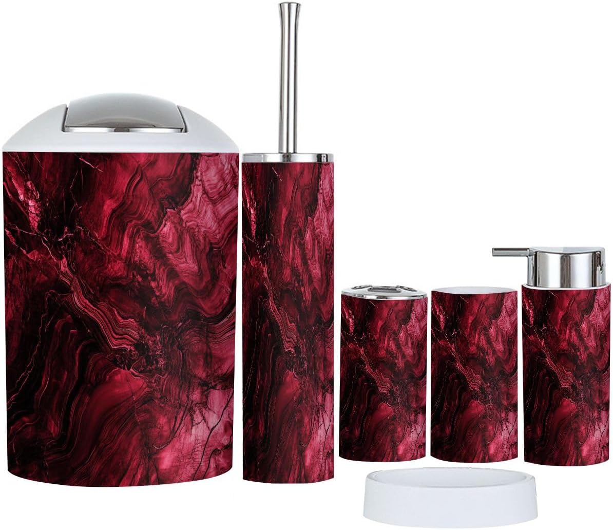 Boho Bathroom Accessory Set 6 Piece in Magenta and Maroon