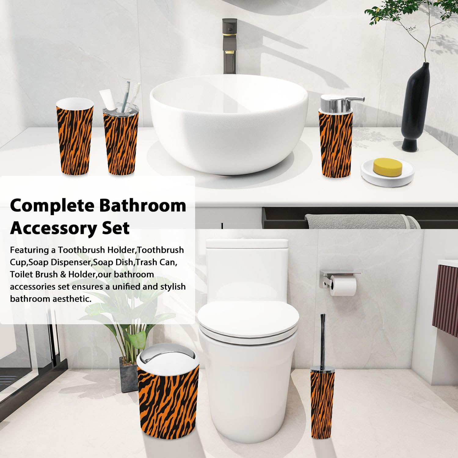 Boho Tiger Fur Orange Stripes Bathroom Accessory Set