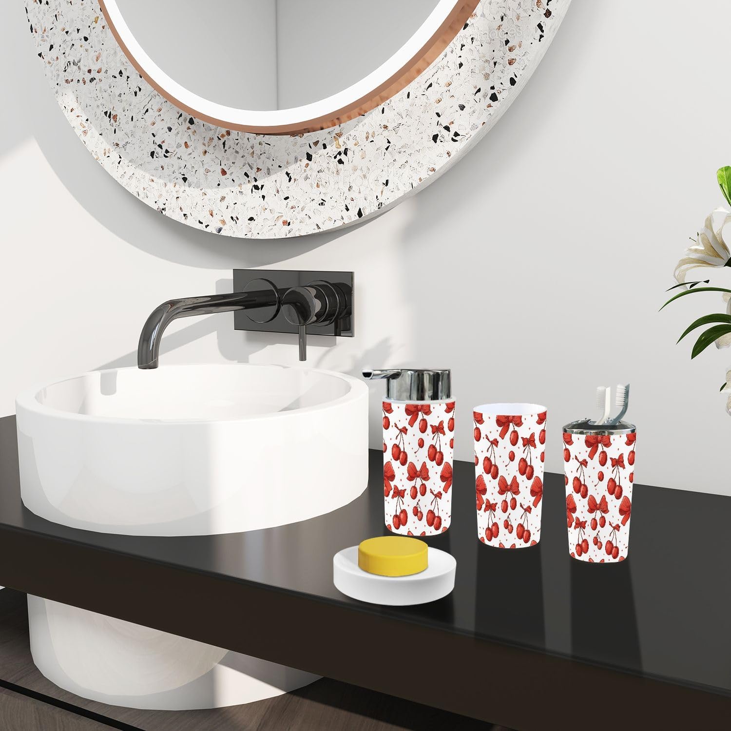 Boho Bathroom Accessory Set 6 Piece Red Cherry Bow Print