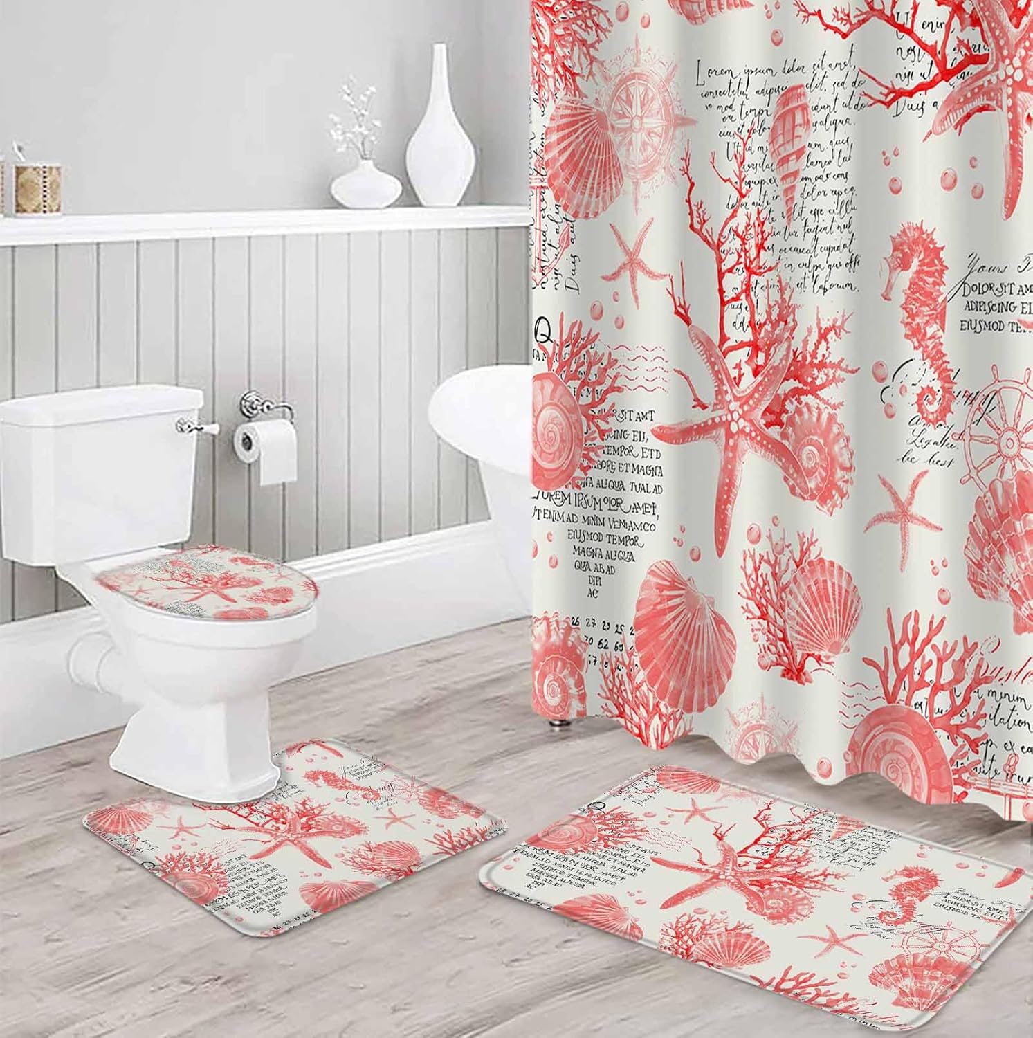 ZOE GARDEN Red Coastal Bath Set with Curtain Rug and Accessories