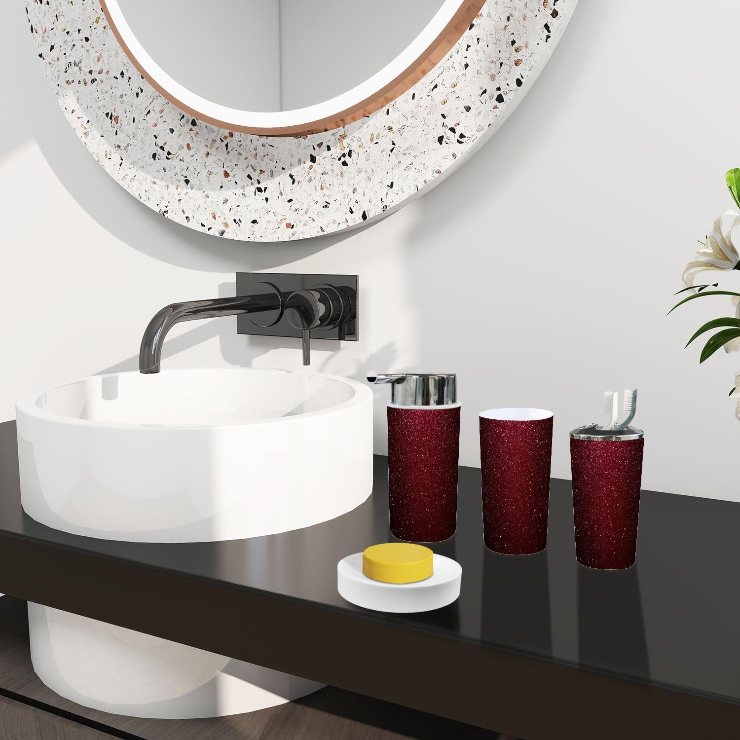 Boho Shiny Trash Can and Bathroom Accessories Set