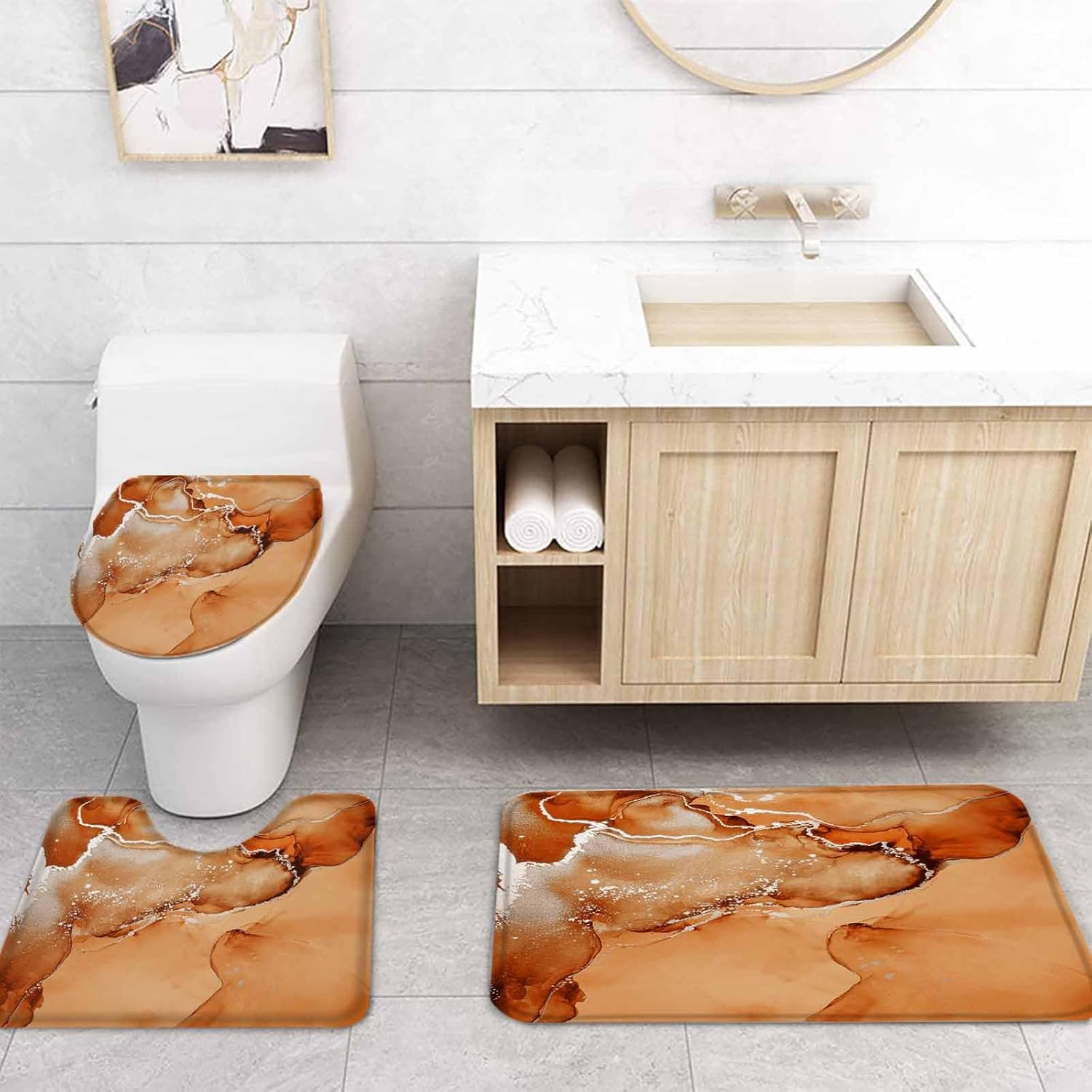 ZOE GARDEN Orange Marble Bathroom Set with Curtain Rug and Accessories