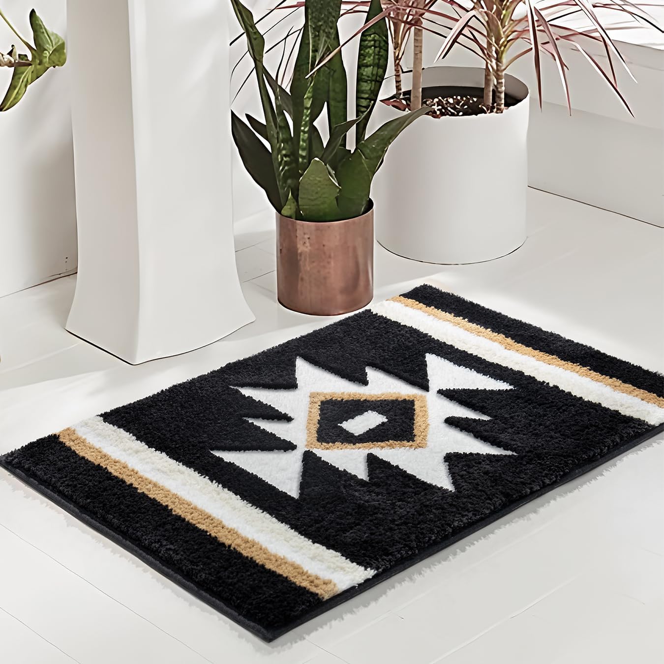 TANVILL Boho Bath Mat Non Slip Black Aztec Design
