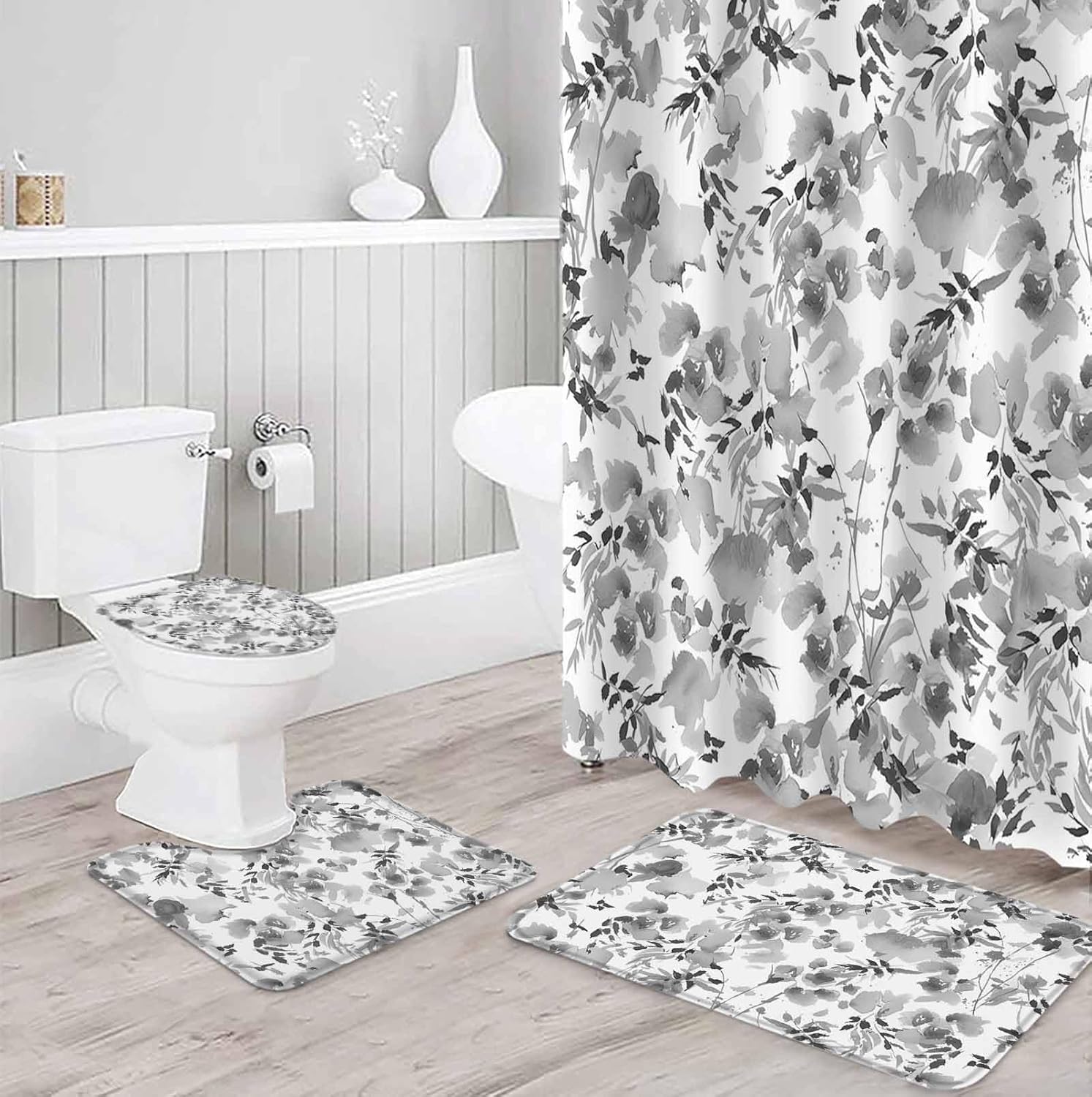 Gray Flower Bathroom Set with Curtain Rug and Hooks
