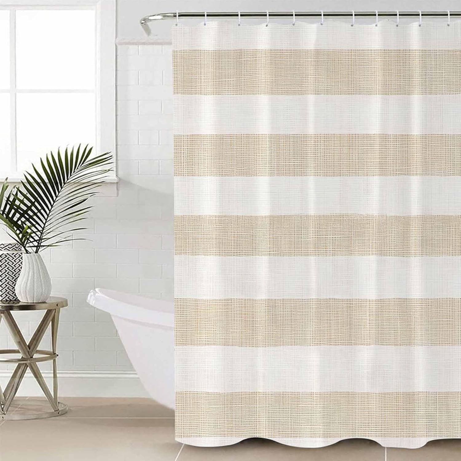 ZOE GARDEN Beige Stripe Bathroom Set with Shower Curtain and Rug