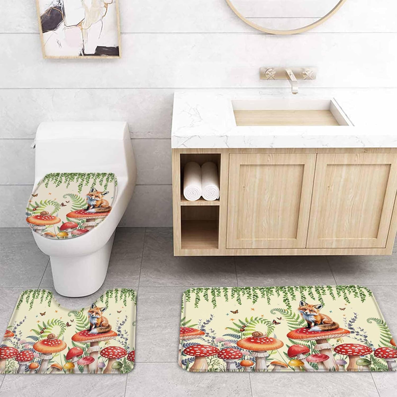 Mushroom Fox Bathroom Set - 36x72 Inches Retro Design