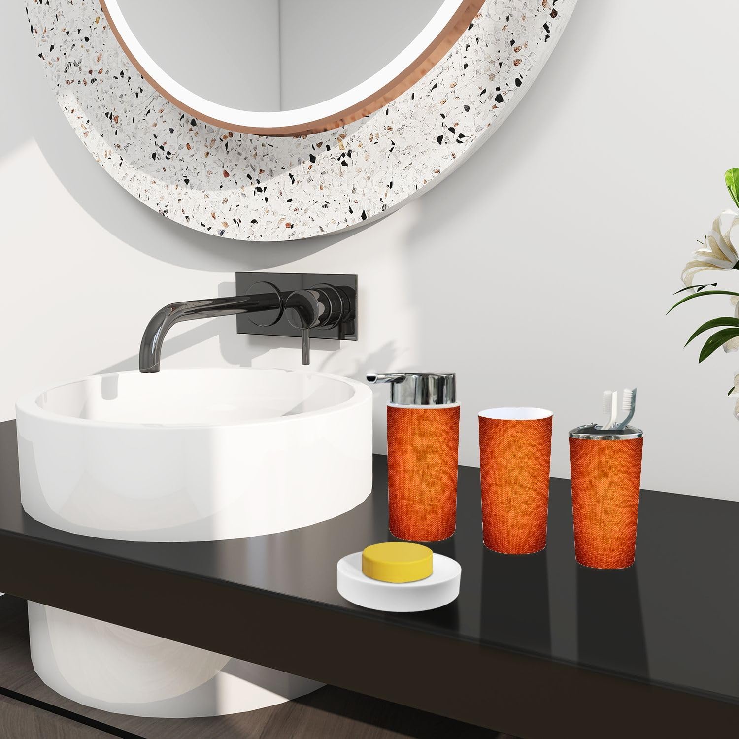 Boho Bright Orange Bathroom Accessory Set 6 Piece