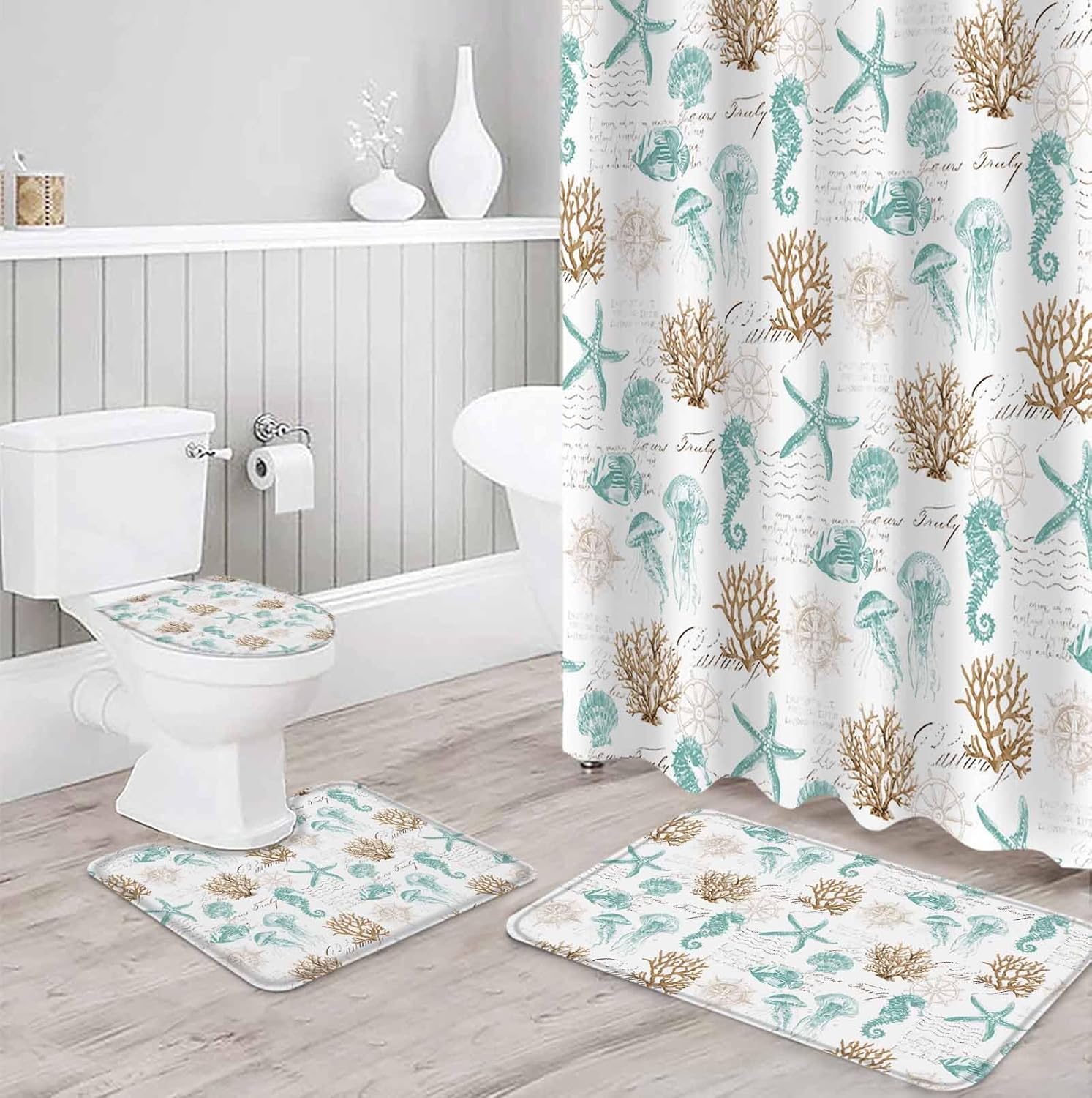 ZOE GARDEN Coastal Bathroom Set with Shower Curtain Rug and Accessories