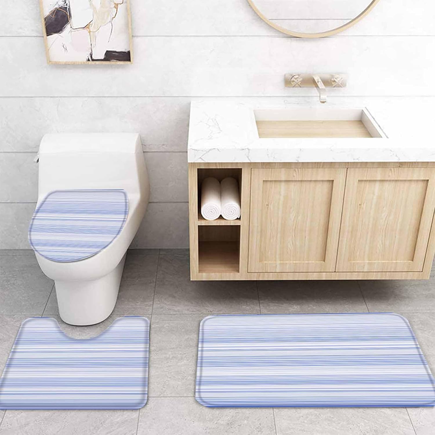 ZOE GARDEN Blue Pinstripe Bathroom Set with Curtain Rug and 12 Hooks
