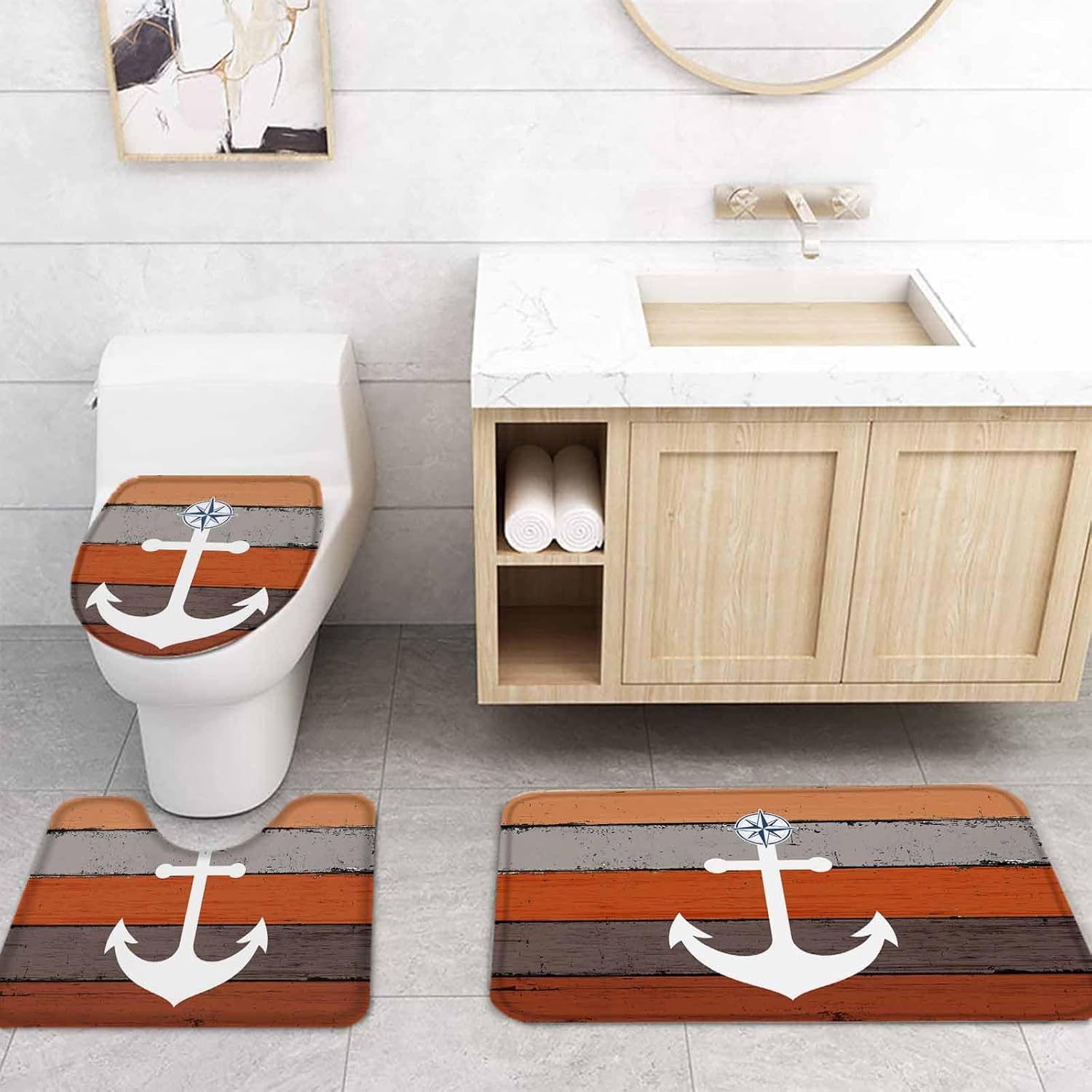 Anchor Orange Bathroom Set with Shower Curtain and Rug