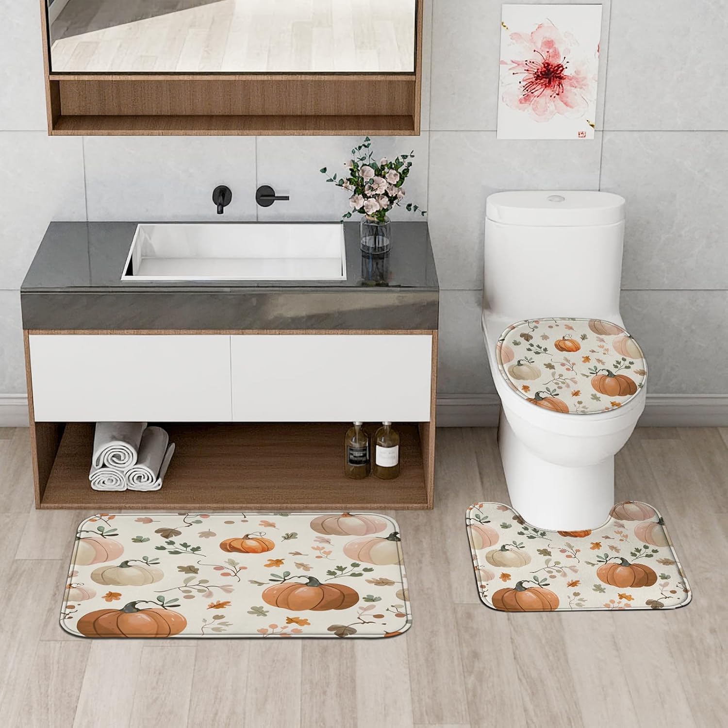 Fall Cream Pumpkin Shower Curtain Set with Non-Slip Rug and U Shape