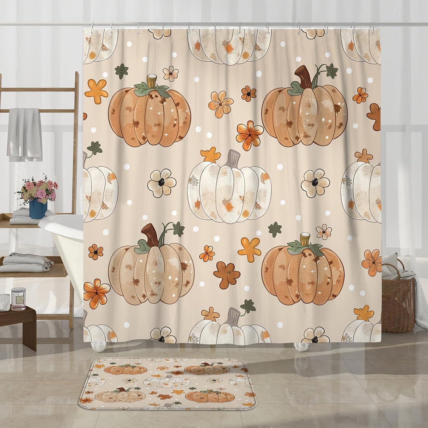 4PCS Fall Dot Pumpkin Bathroom Accessory Set with Non-Slip Rug