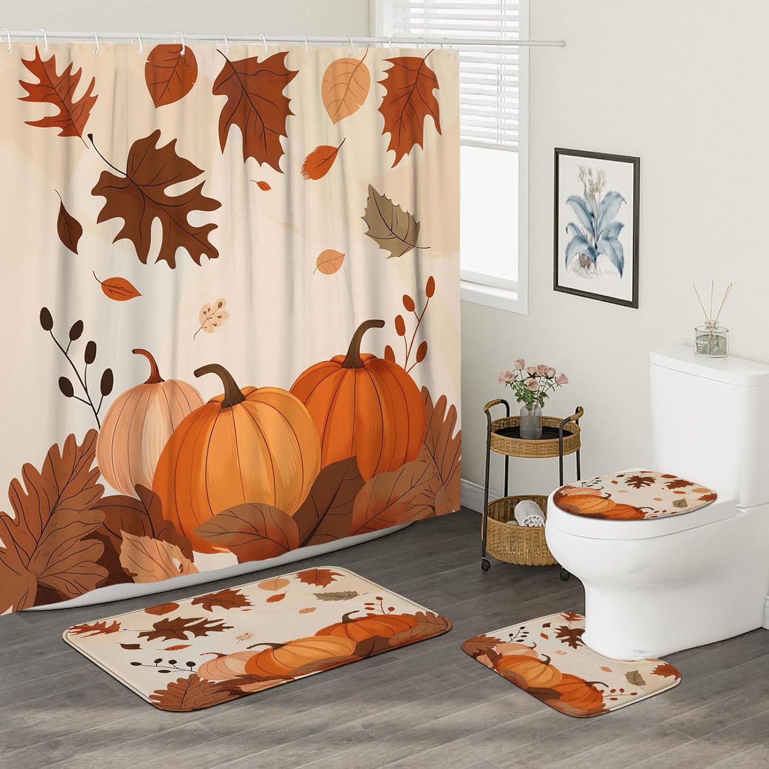 4PCS Fall Harvest Pumpkin Bathroom Set with Non-Slip Rug and U Shape