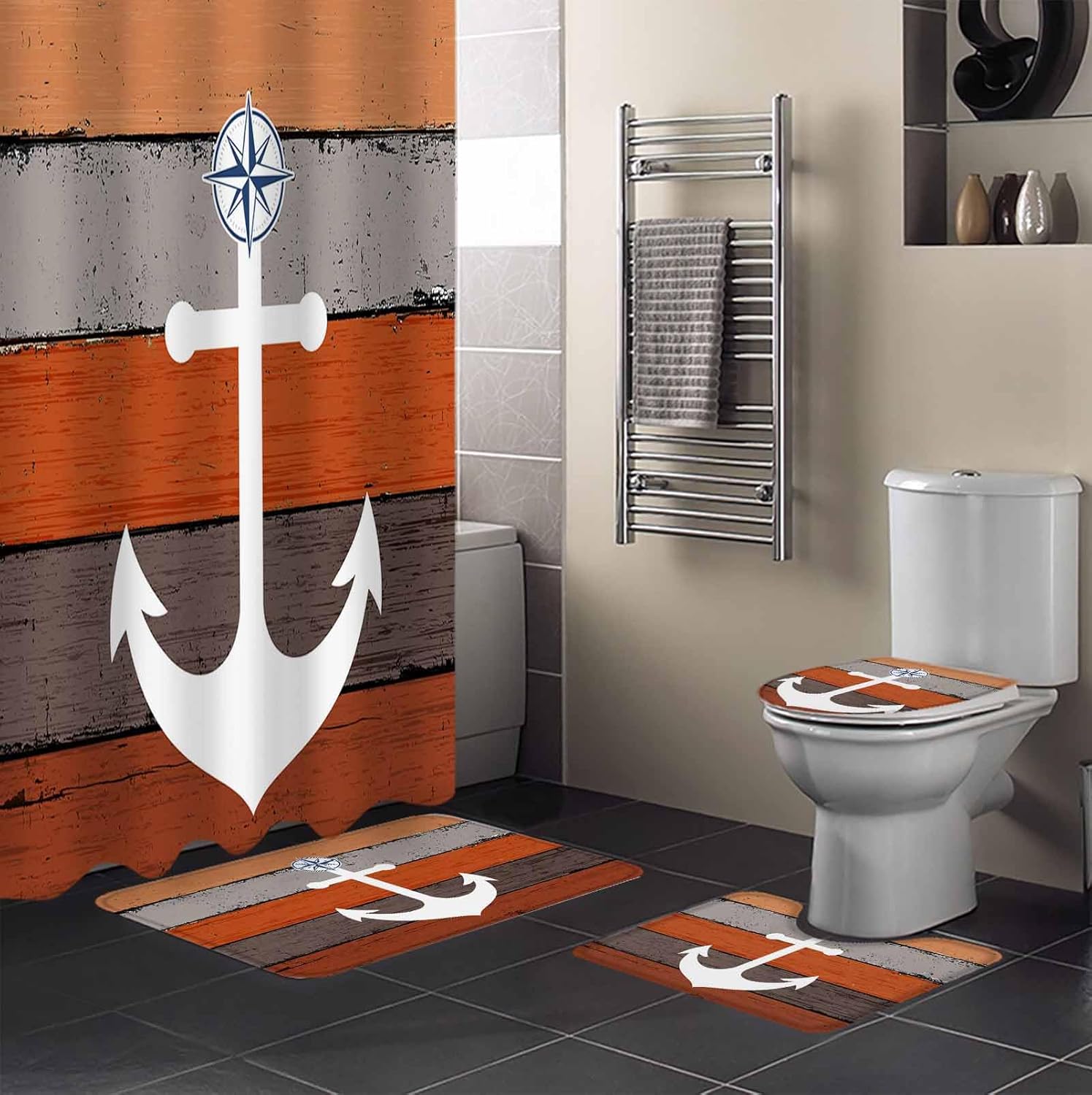 Anchor Orange Bathroom Set with Shower Curtain and Rug