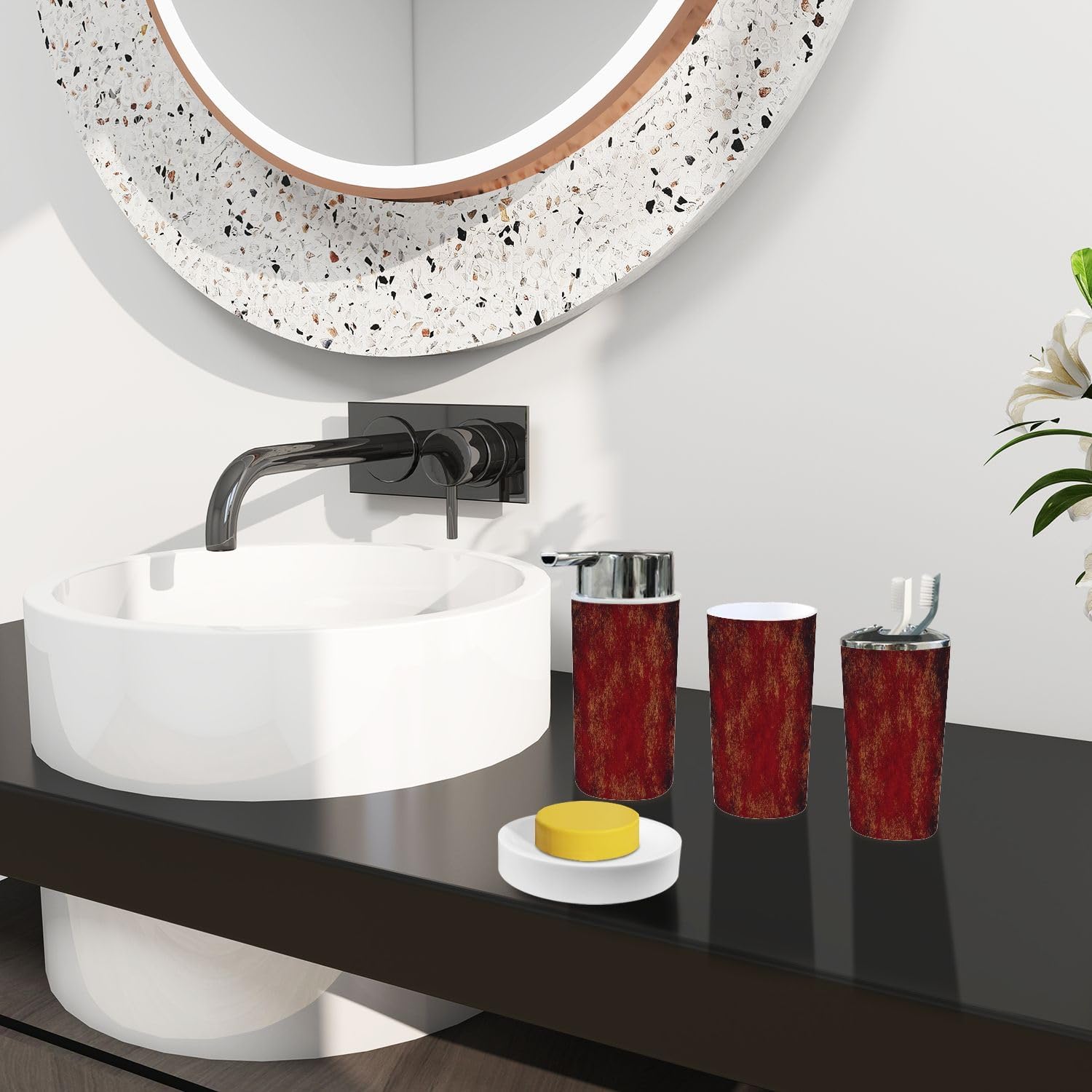 Boho Burgundy Bathroom Accessory Set 6 Piece 1