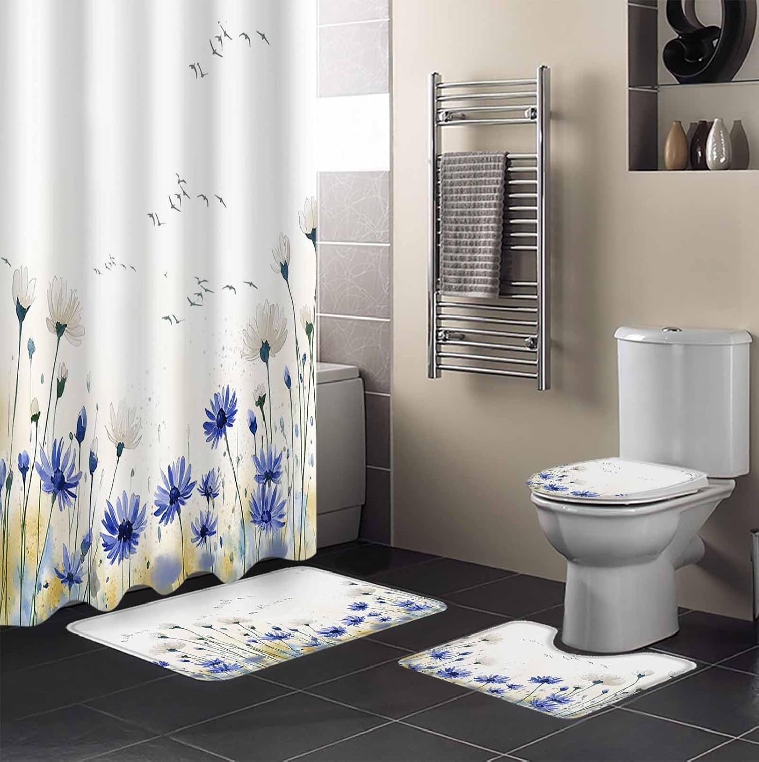ZOE GARDEN Blue Daisy Bath Set with Curtain Rug and Hooks