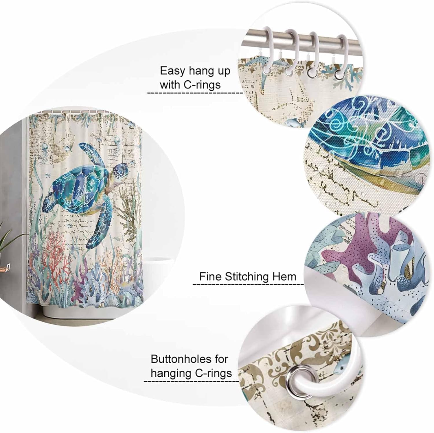 ZOE GARDEN Coastal Turtle Bathroom Set with Rug and Curtain