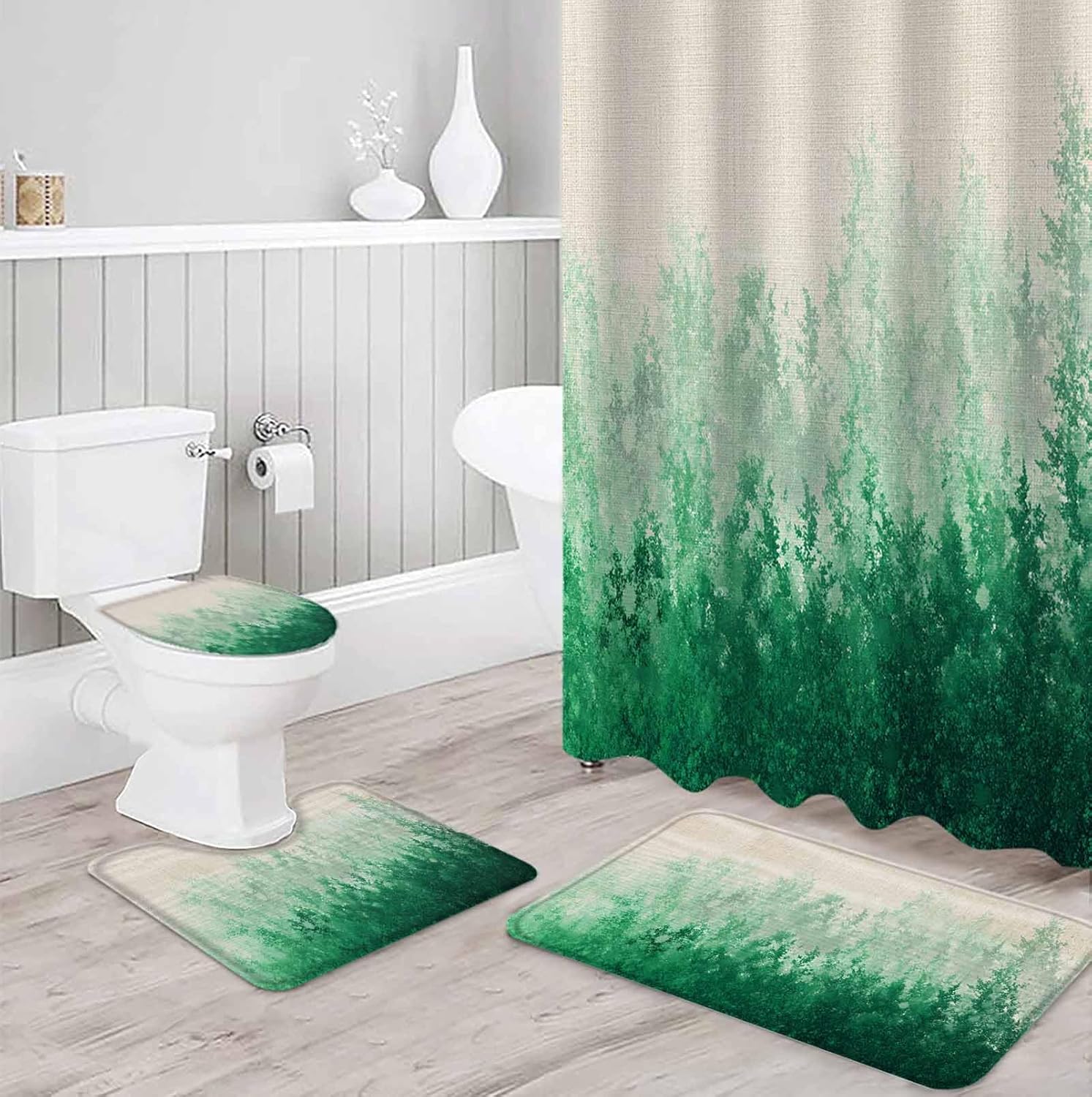 Forest Green Bathroom Set with Shower Curtain Rug and Accessories