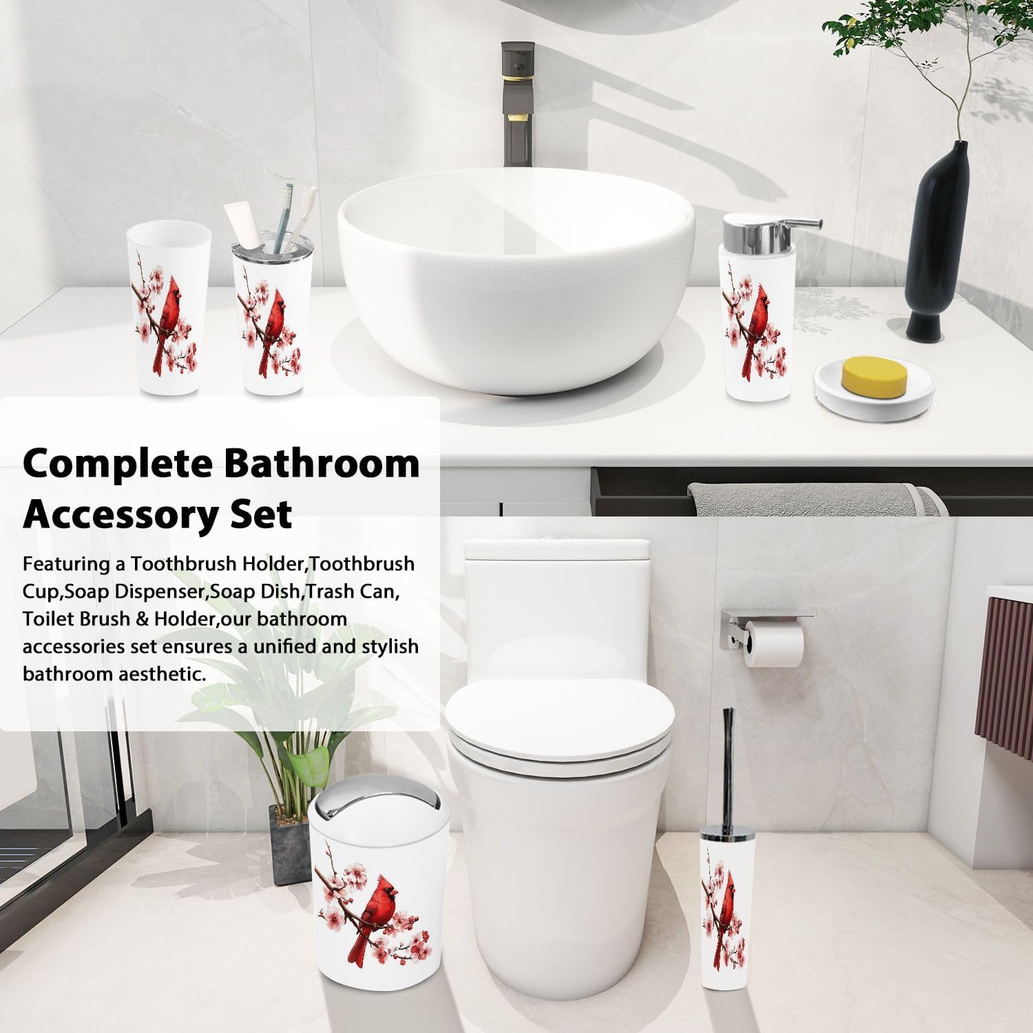 Boho Bird Red Bathroom Accessories Set 6 Piece