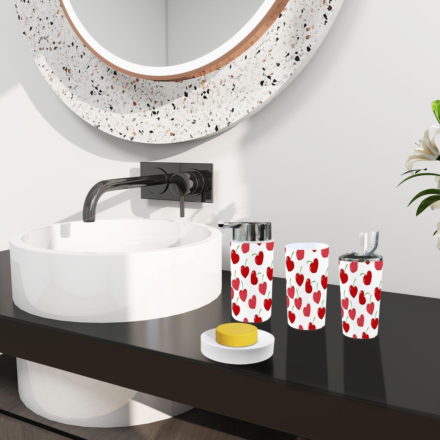 TRANQDEHOM 6 Piece Bathroom Accessory Set Cherry Hearts Boho Pattern