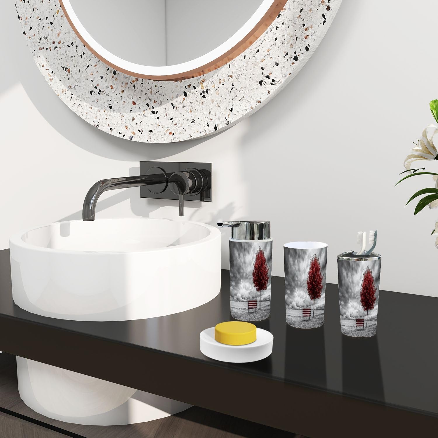 Boho Red Tree Bathroom Accessory Set 6 Piece