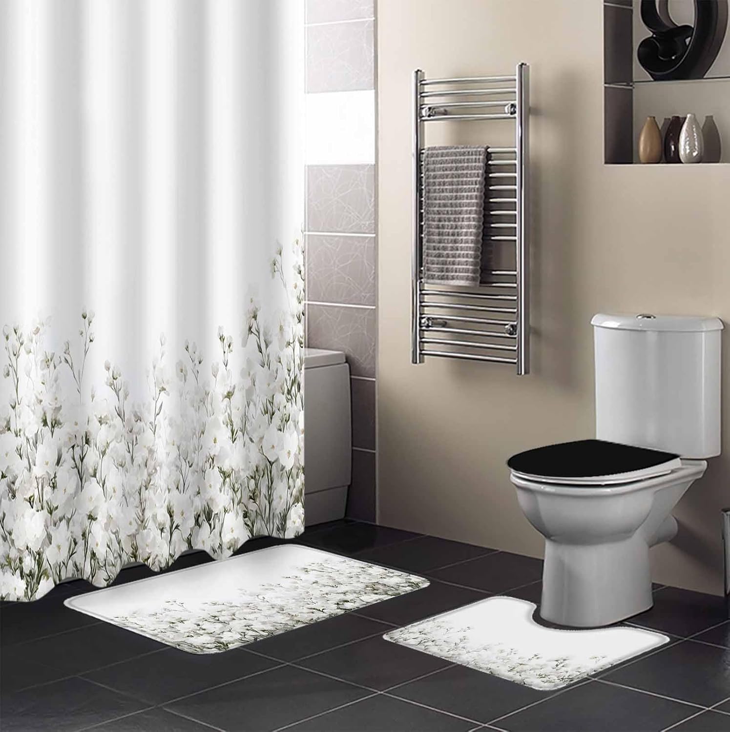 ZOE GARDEN White Floral Bath Set with Curtain Rug and Accessories