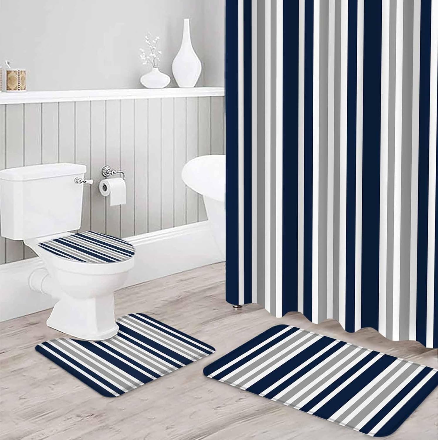 Navy Blue Grey Bathroom Set with Curtain Rug and Accessories 1