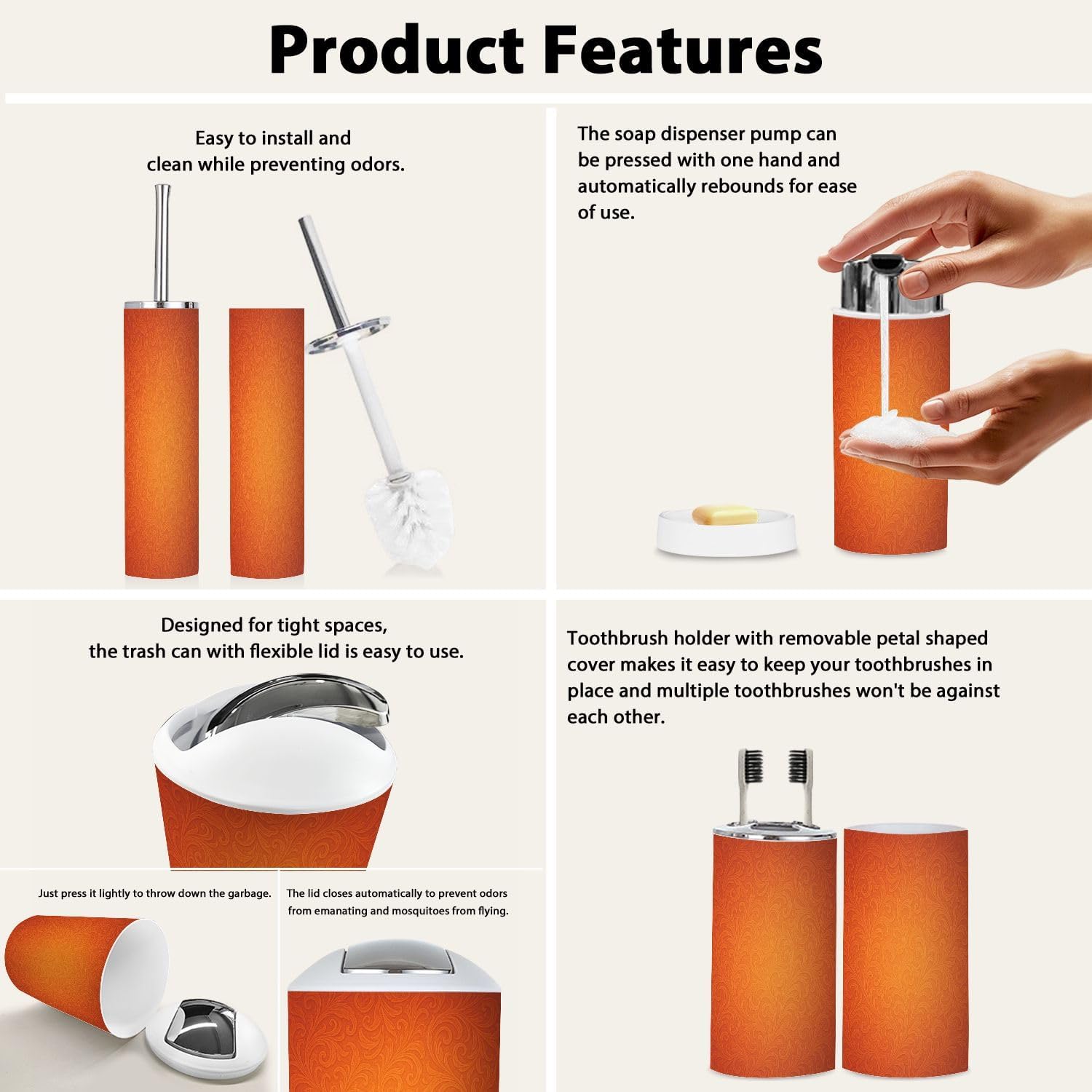 Boho Orange Damask Bathroom Accessory Set 6 Piece