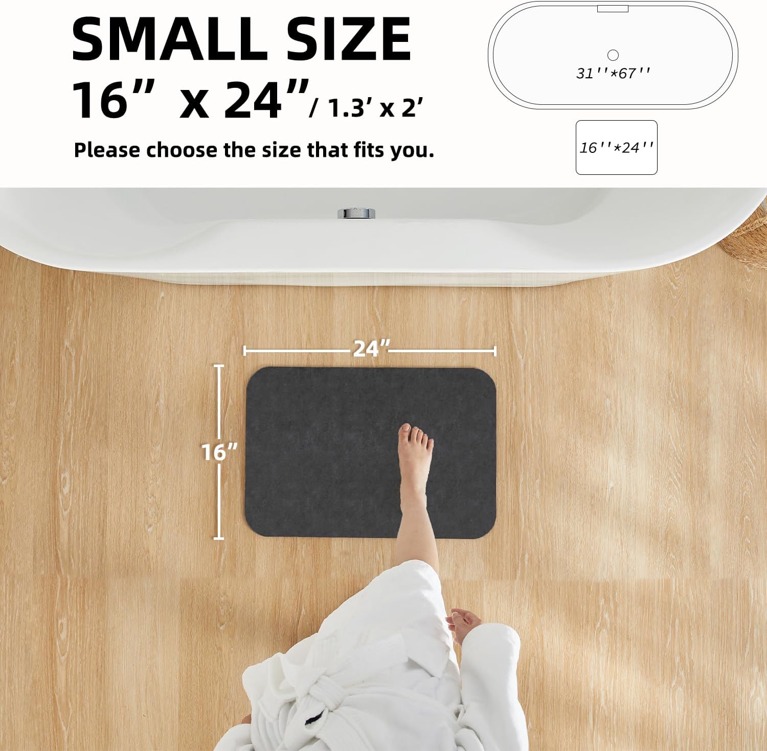 TYUU Dark Grey Bath Mat 16x24 Non Slip Quick Dry