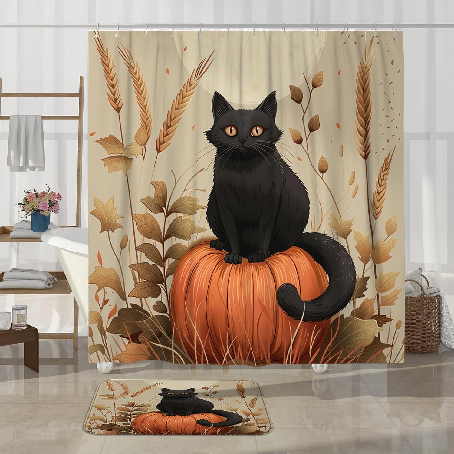 4PCS Fall Cartoon Cat Bath Accessory Set with Non-Slip Rug