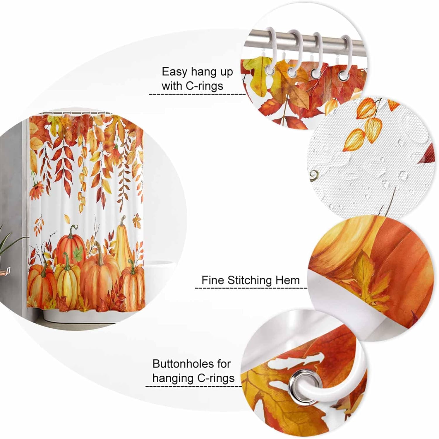ZOE GARDEN Autumn Pumpkin Bath Set with Curtain Rug and Hooks
