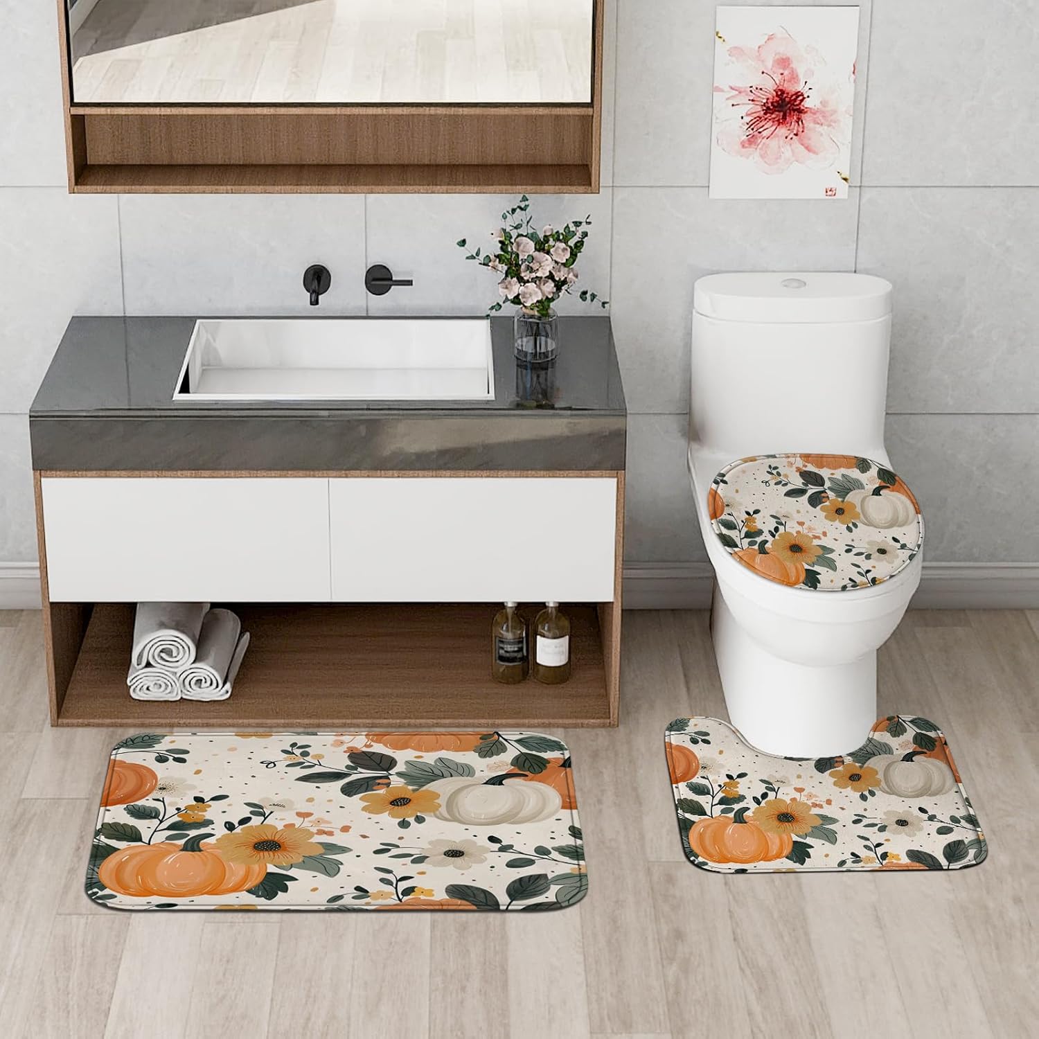 4PCS Fall Cream Pumpkin Bathroom Sets 1
